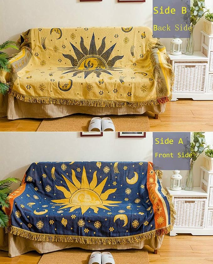 Erke Sun Blanket Hippy Celestial Couch Sheet Cover Wicca Home Decor 70"x90" | Sun Moon Witchy Hippie Decoration, Double Sided Cotton Woven 90s’ Throws Blankets for Couch Bed