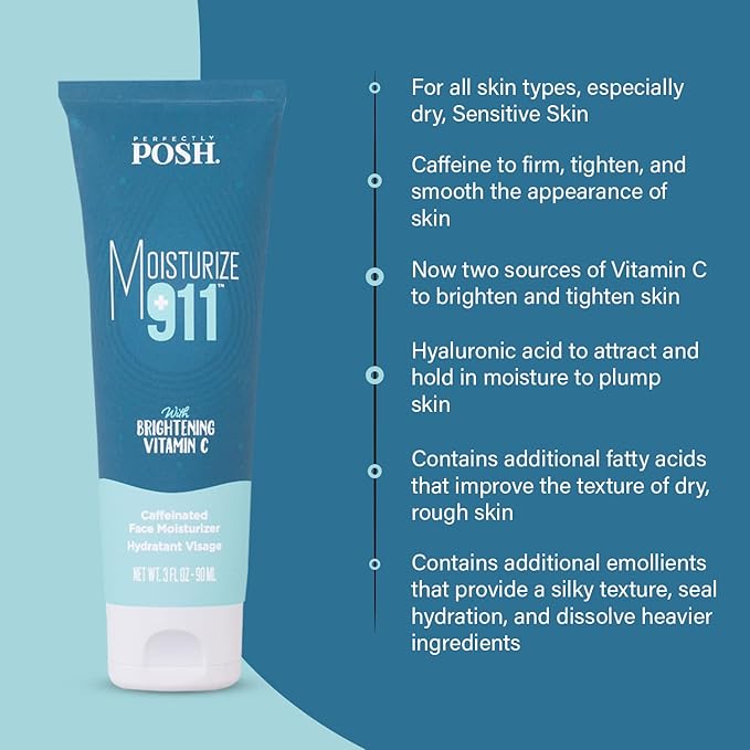 Perfectly Posh - Moisturize 911 Caffeinated Face Moisturizer - With Caffeine & Hyaluronic Acid, Lightweight Facial Cream, Orange Scent - 90ml