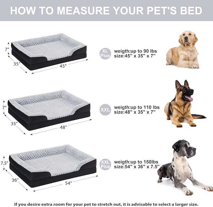 LEXTRO Orthopedic XXL Dog Bed, Washable Dog Beds for Extra Large Dogs | Comfy Sleeping Dog Bed with Egg Crate Foam, Dog Sofa with Removable Cover, Waterproof Lining&Non-Slip Bottom, Gray