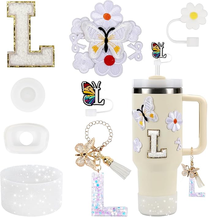 15PCS Cup Accessories Set for Stanley Cup 30oz 40oz Tumbler with Handle, Including Silicone Straw Cover and Boot, Spill Proof Stopper, Stanley Charms, Handle Charm, Initials Sticker