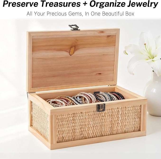 Keepsake Box with lids, Rattan Decorative Boxes, Boho Rustic Farmhouse Decorative Box, Memory Box for Keepsakes, Stackable Decorative Box for Shelf & Home Decor