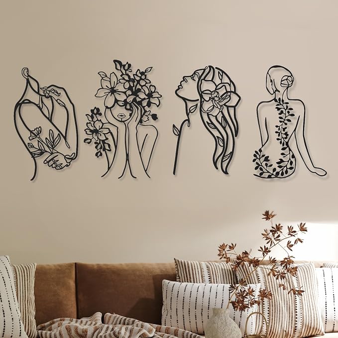 Photect 4 Pieces Metal Wall Art Decor Black Single Line Art Drawing Minimalist Abstract Female Woman Wall Sculptures Hanging Decor Accents for Bathroom Living Room(Modern)