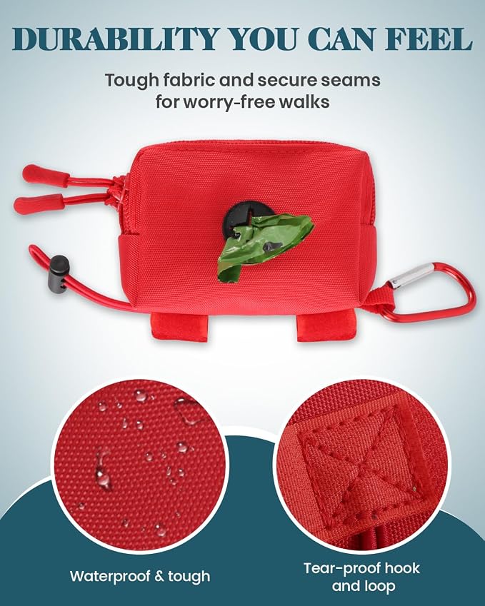Dog Poop Bag Holder for Leashes, Red Doggie Waste Bag Dispenser and Treat Holder, with Carabiner Hook and Poop Bag Clip, Used Waterproof Wear-Resistant Fabric and 2 Zippered Pouches for Walking