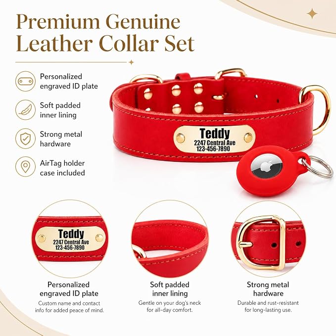 Personalized Genuine Leather Dog Collar with Name & Phone Number-Red-L