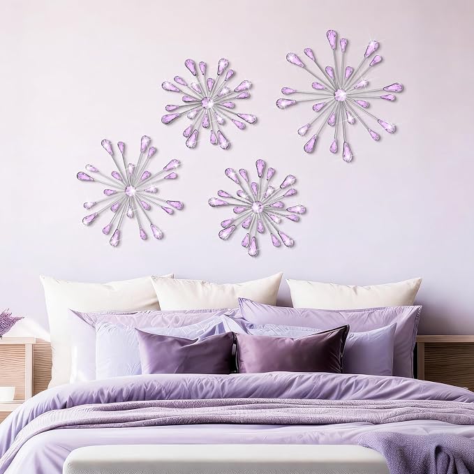 Hicarer 4 Pcs Starburst Wall Decor Bling Wall Art Crystal Teardrop 3D Hanging Rhinestone Radial Metal Artwork Modern Accent Sculptures Decorations for Living Room Home Office Bedroom(Purple)