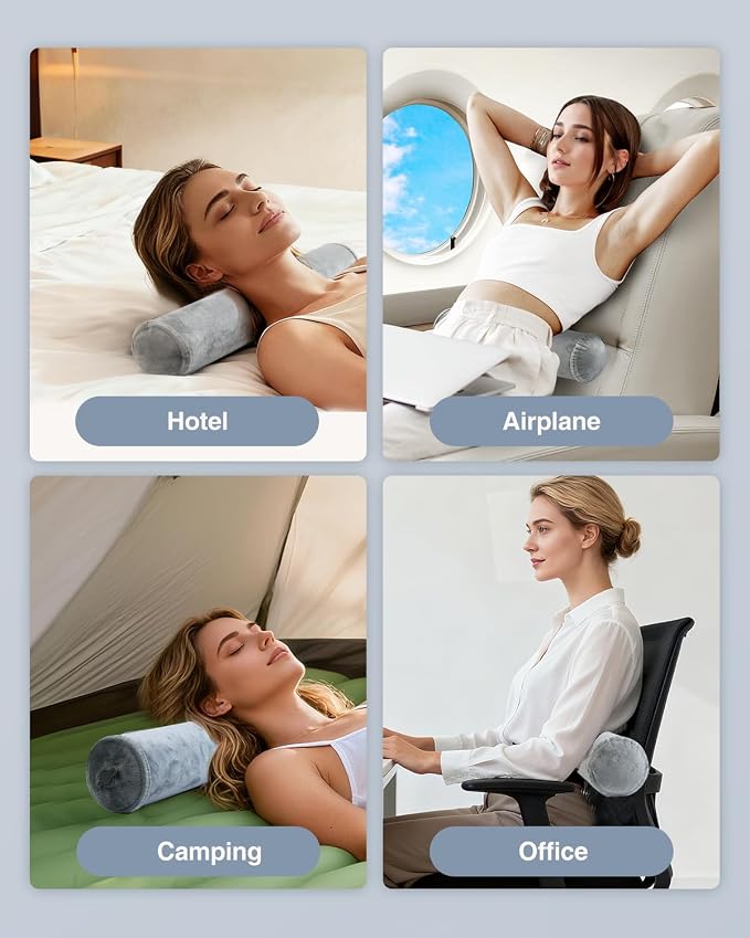 Luxtude Inflatable Neck Roll Pillow for Sleeping, Travel Cervical Pillow for Neck Pain Relief, Cylinder Support Pillows Round Bolster Pillows for Bed, Lumbar Roll, Legs, Back and Yoga (Grey-4.7in)