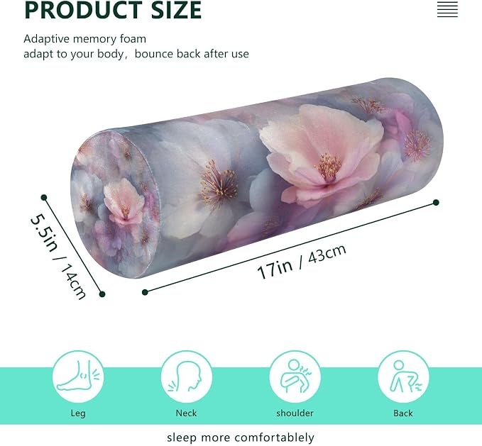 Blue Purple Cherry Blossoms Neck Roll Pillow Bolster Round Health Memory Foam Long Cervical Cylinder Pillows with Removable Washable Cover for Body Bed Legs Back Yoga