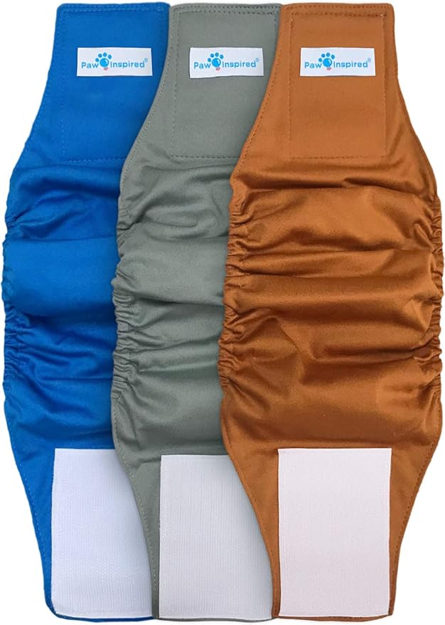 Paw Inspired Washable Male Dog Wraps, Assorted, White Lining, XS, 3 Pack | Extra Small Size, Blue/Green/Brown Colors, Reusable Cloth Belly Bands for Potty Training, Marking, Incontinence, Travel