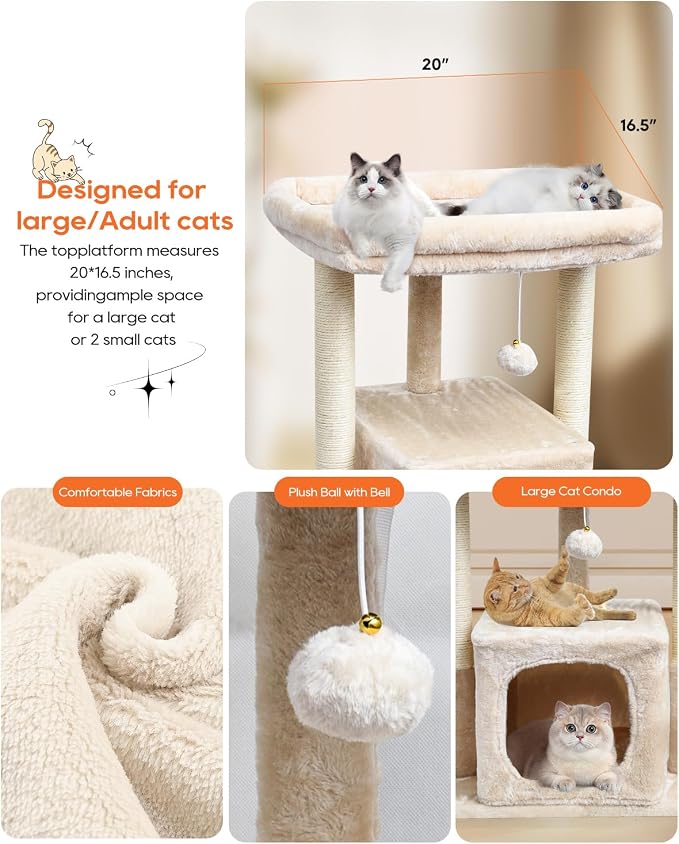 SYANDLVY 27" Cat Tree for Indoor Cats, Activity Tower with Scratching Posts | Modern Kitten Condo with Plush Perch & Hanging Ball for Play, Beige
