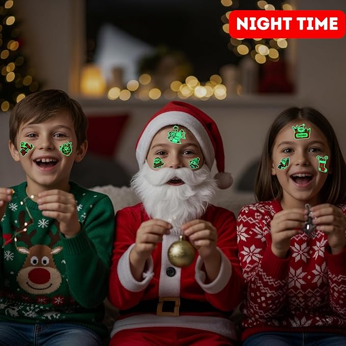 Luminous Christmas Temporary Tattoos - 60Pcs Glow In Dark Christmas Decorations Stickers Xmas Party Decor Party Favors Supplies Accessories Craft Winter Reindeer Penguin Gift Idea For Kids Youth Adult
