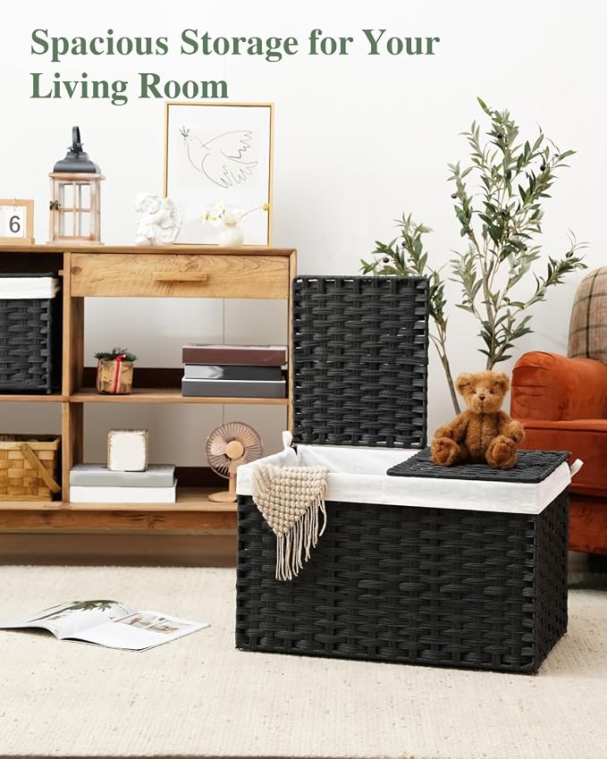 SETVSON Storage Basket with Lid PE Rattan Storage Basket 105L, Black | 27.8 Gallon Storage Bin with 2 Separate Lids, 2 Removable Liners for Clothes & Blankets, Sturdy Metal Frame, PE Rattan