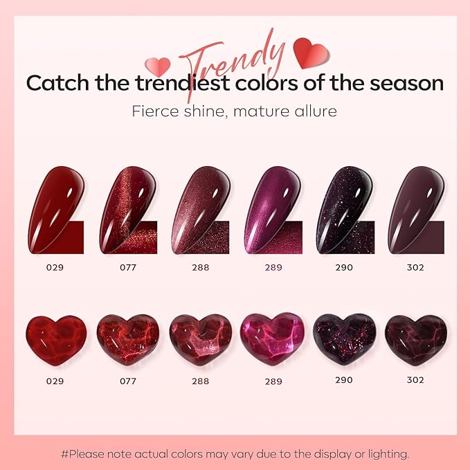 modelones Red Nail Polish Set 6 Colors, Valentines Cat Eye Burgundy Glitter Dark Purple Quick Dry Mini Nail Lacquer Kit Magnetic DIY Home Nail Art Manicure Gifts for Women Girls
