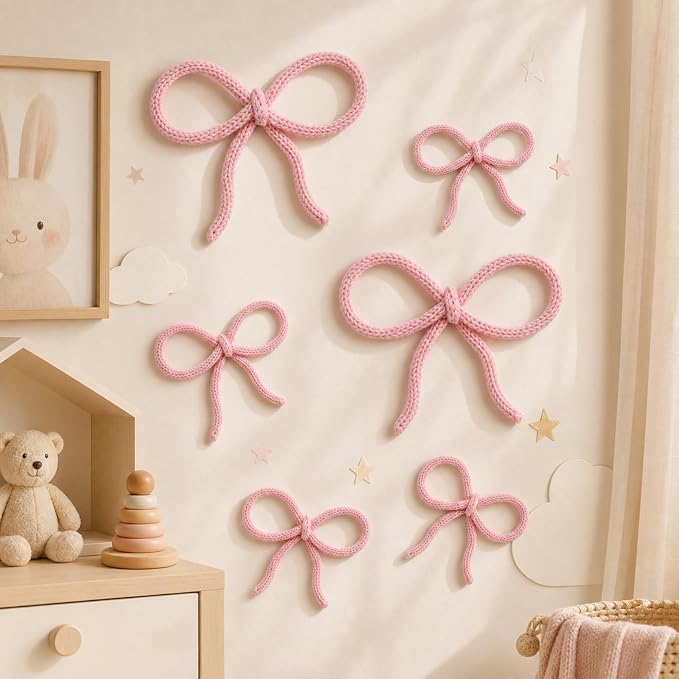 Barydat 6 Pcs Pink Bow Wall Decor Coquette Bow Nursery Decor for Girls Women Back to School Dormitory Decoration Aesthetic Woven Macrame Wall Hanging for Bedroom Classroom Home Dorm Baby Shower