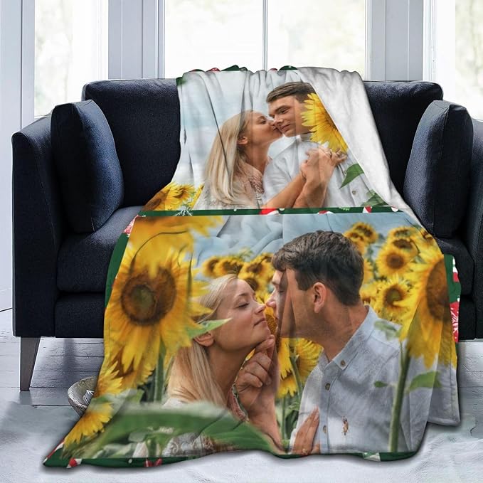 Custom Blanket with Picture Text, Personalized Photo Blanket, Customized Throw Blanket Gifts for Mom Dad Couple Girlfriend Boyfriend Wife Husband (2-Photo)