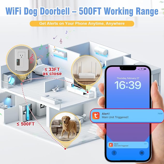 ChunHee WiFi Smart Dog Door Bell for Potty Training to Go Outside–Wireless Doggy Doorbell with Tuya Phone Notification–Waterproof Touch Button and Adjustable Volume, Multi-User Alerts(1 Dog Buttons)