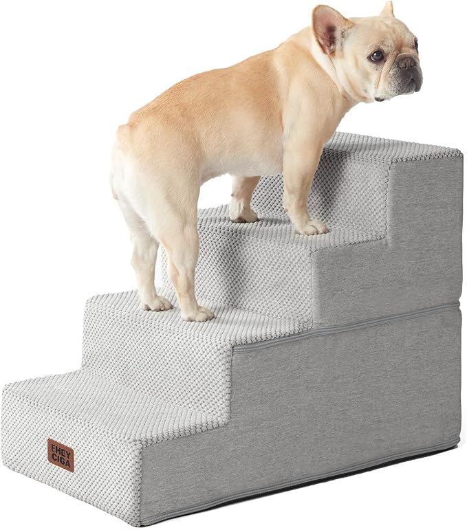 EHEYCIGA Dog Stairs for Bed 18" H, 4-Step Extra Wide Dog Steps for High Bed, Pet Steps for Small Dogs and Cats, Non-Slip Balanced Pet Ramp Indoor, Light Grey