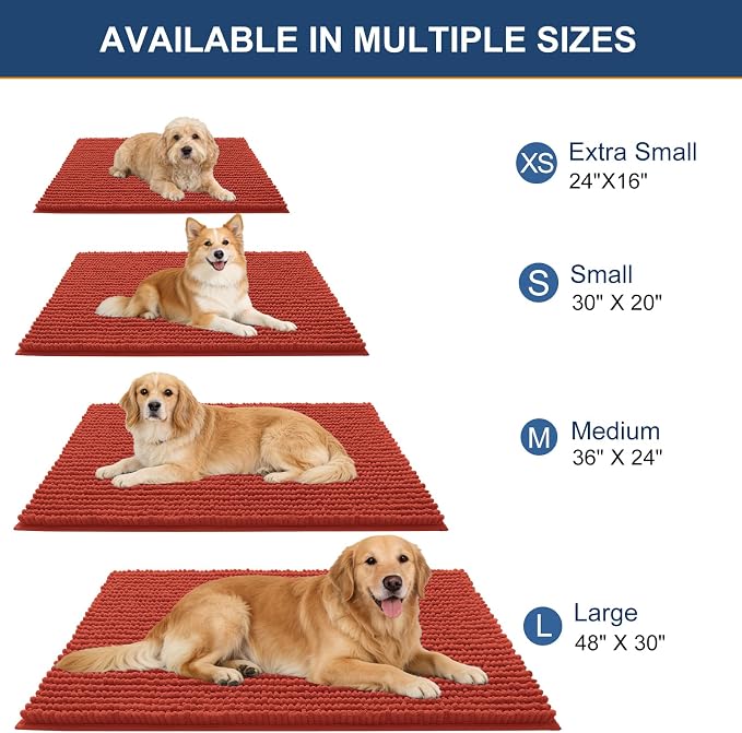 OLANLY Dog Door Mat for Muddy Paws 44x24, Extra Absorbent Chenille Mud Mat | Maple Red, Absorbs Moisture and Dirt, Non-Slip Machine Washable Doormat, Quick-Drying Indoor Entryway Floor Mat for Dogs