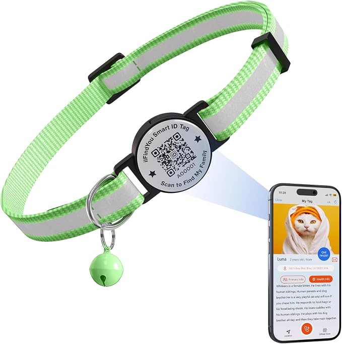Breakaway Cat Collar QR Code, Reflective Bell, Adjustable Kitten, Green