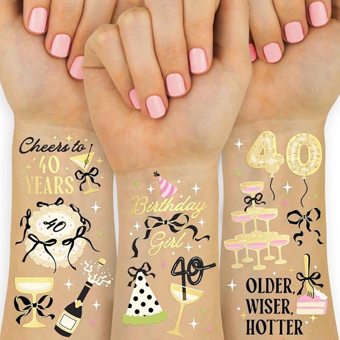 xo, Fetti 40th Birthday Temporary Tattoos - 46 designs, 2 sheets | Gold Foil, Milestone Party Favors, Forty Celebration Decor, Photo Booth Props, Glam Accessory, Adult Birthday