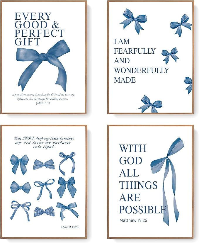LARTSFRO Coquette Navy Blue Bow Wall Art Decor Posters, Navy Blue Bow Room Bedroom Bathroom Dorm Wall Art Decor Aesthetic for Teen Girls Gifts, Inspirational Bible Verses Bow Wall Decor, 12x16 Inch Set of 4 Pcs Bow Pictures (UNFRAMED)