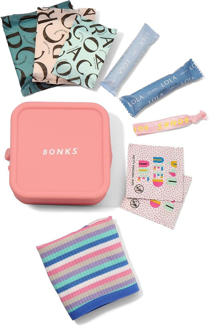 BONKS GoGo Kit - First Period Kit Ages 10-14 (S - M) - Tween Period Starter Kit - Emergency Kit for Girls - Essential Hygiene Kit - Includes Pads, Tampons, Underwear & More