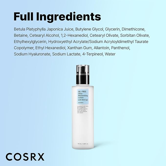 COSRX Oil Free Lotion with Birch Sap, Daily Acne Facial Moisturizer, Hydrating Moisturizer for All Skin Types, Korean Skin Care, Paraben free, 3.38 fl.oz / 100ml