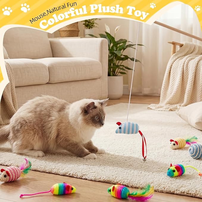 Leitee 16 Pcs Interactive Cat Toys for for Indoor Cats Set, Wooden Cat Wand Toywith Bells Feather Handle Chew Rope Mouse Sisal Balls Kitty Toys for Play Chase Exercise (Colorful)