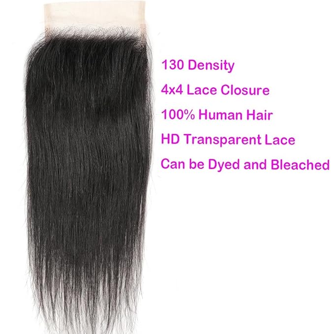 Straight Human Hair Bundles with Closure 20 22 24+18Inch Brazilian Human Hair Bundles with Closure 100% Unprocessed Virgin Straight Hair 3 Bundles with 4x4 Lace Closure Natural Black