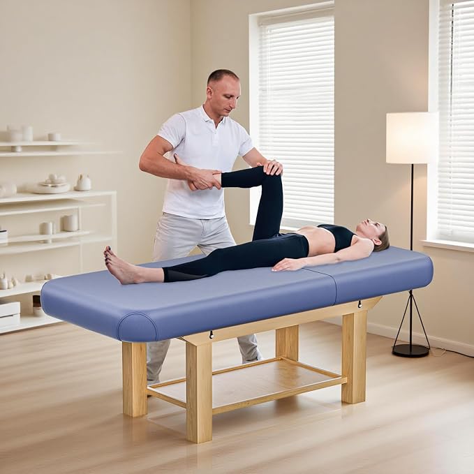 Heavy Duty Frame Professional Massage Table with Adjustable Backrest & Height Legs & Face Pillow, PU Leather, for Treatment, Physical Therapy, Spa Facial Professional Massage (Wood, Blue)