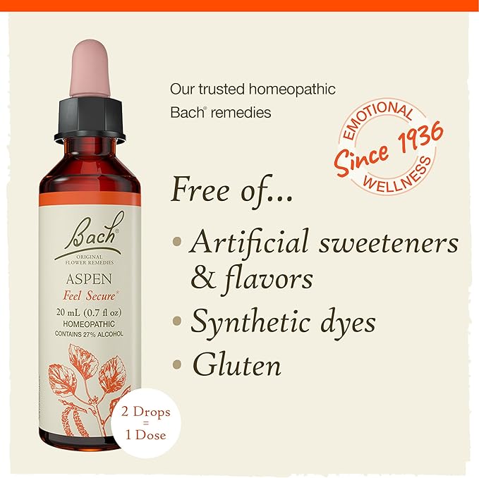Bach Original Flower Remedies, Aspen - Feel Secure - Natural Homeopathic Flower Essence for Emotional Balance - Vegan, Gluten Free, Sugar Free - 20mL Dropper