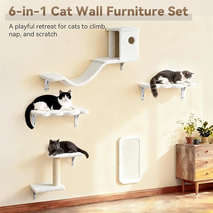 Meecal 6-in-1 Cat Wall Shelves, Wall Mounted Cat Furniture Set, Cat Shelves for Wall with Scratching Posts, Cat Bed & Bridge, Space Saving Cat Climbing Perch for Kittens, White