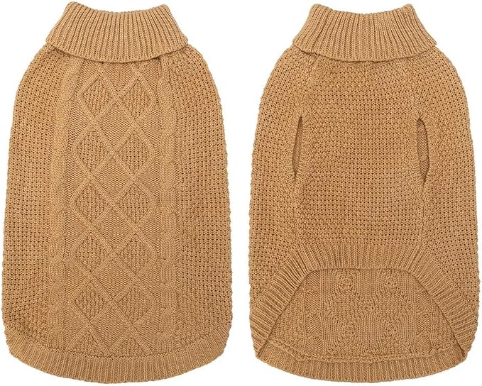 Mihachi Turtleneck Dog Sweater - Winter Coat Apparel Classic Cable Knit Clothes with Leash Hole for Cold Weather, Ideal Gift for Pet in New Year Khaki Medium