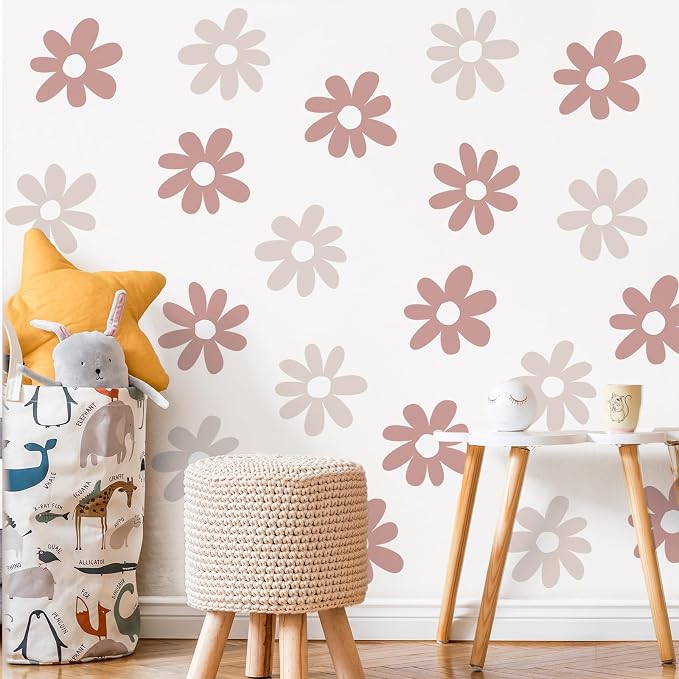 TaoBary 12 Sheet Daisy Wall Sticker Decal,Grey Color,Simple Style | Big Flower Wall Sticker, Pink White Floral Decal, Daisy Bedroom Room Decor, Removable Peel and Stick, Nursery Home Wall Decor