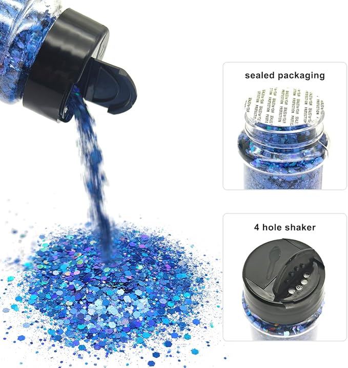 Royal Blue - Holographic - Craft Glitter - 2oz Glitter Shaker Bright Colorful Mix Chunky Body Glitter Bulk - 24 Colors in Shaker, Cosmetic Grade Glitter - EBKC709