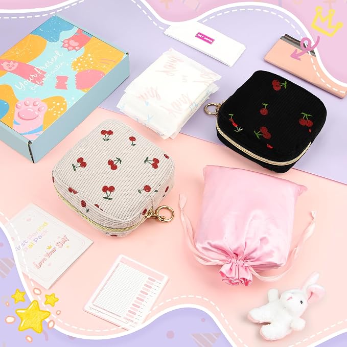 First Period kit for Girls, Corduroy Cute Sanitary Napkin Storage Bag, Menstrual Pad Bag Tampon Holder for Purse, First Period Gifts (Cherry-Beige)