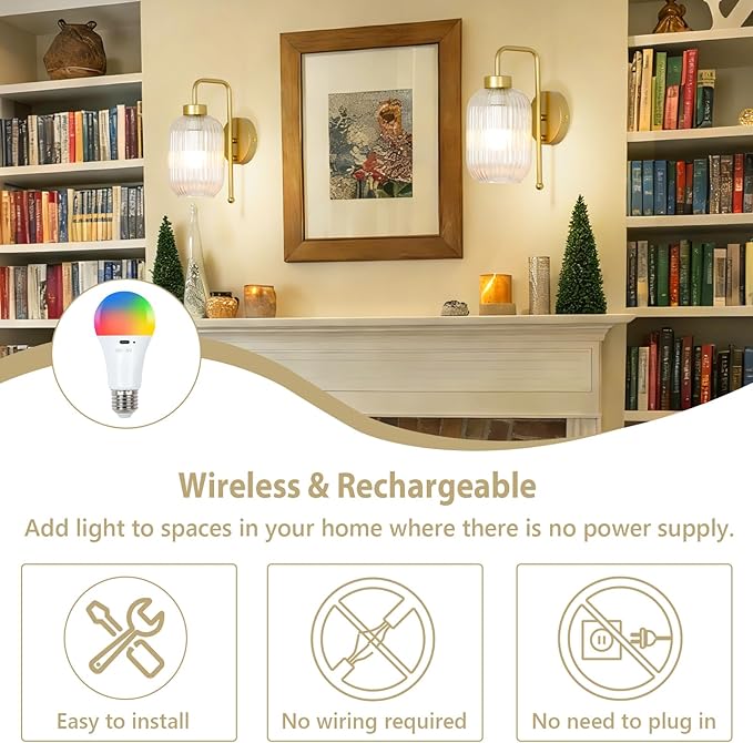 LAMSU Vintage Battery Operated Wall Sconces Set of 2, Wireless Wall Lights with Remote and Color Temperature Bulb, Gold Cordless Rechargeable Wall Lamps with Clear Glass Shade for Bedroom Living Room