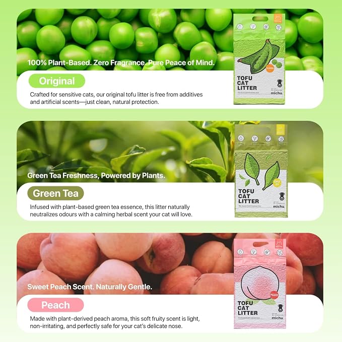 Michu Tofu Cat Litter Natural Clumping Tofu Cat Litter, Fast Clumping and Easily Scoop-able 5.5lb/88oz 5 Scents - Original + Peach, 2 Pack