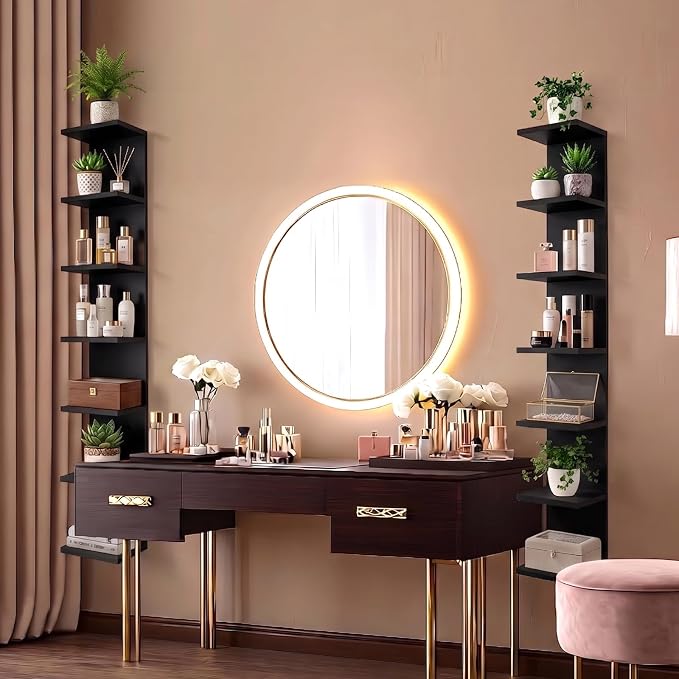 7 Tier Floating Shelves for Wall, Black | Modern Wall Mounted Shelf, Makeup Vanity, Hanging Display Shelf, Storage and Room Decor for Living Room, Bathroom