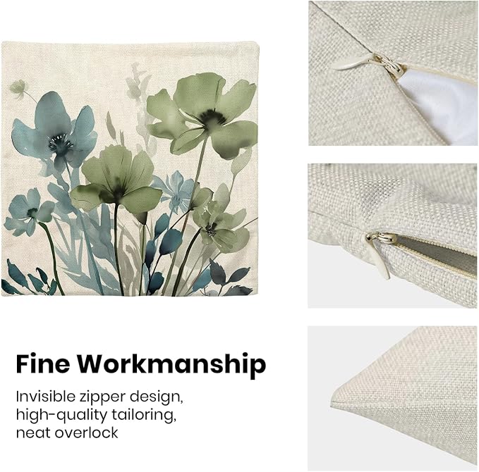 Floral Pillow Covers 16x16 Inches Set of 2 Sage Green Blue Floral Throw Pillow Covers Outdoor Rustic Spring Summer Flower Decoration Pillowcase Farmhouse Decorative Cushion Cover For Sofa Couch