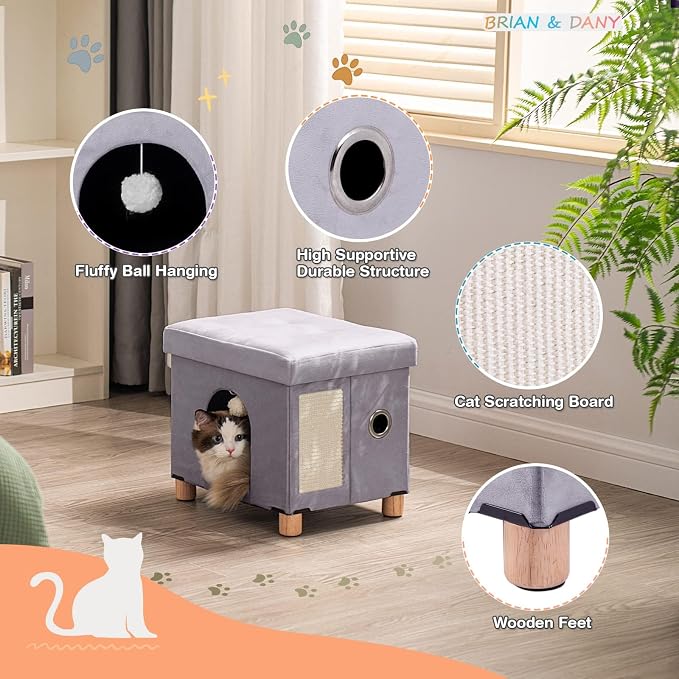BRIAN & DANY Cat House for Kitten,Cat Beds for Indoor Cats with Fluffy Ball Hanging and Scratch Pad, 14.7" x 14.1” x 12.7”, Light Gray