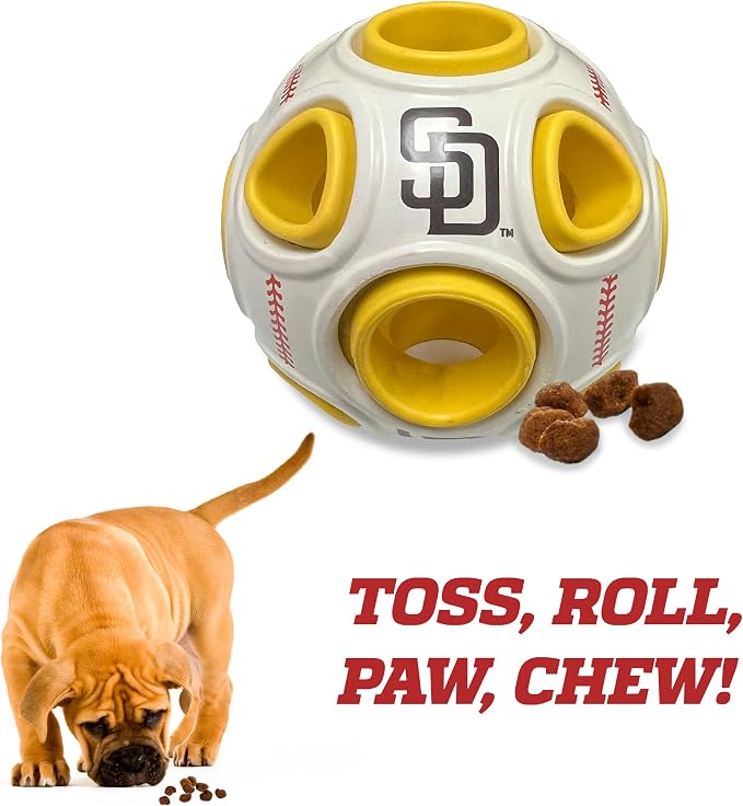 Pets First MLB San Diego Padres Baseball Treat Dispensing Toy for Dogs and Cats - Interactive Fun Natural Rubber Ball for Feeding