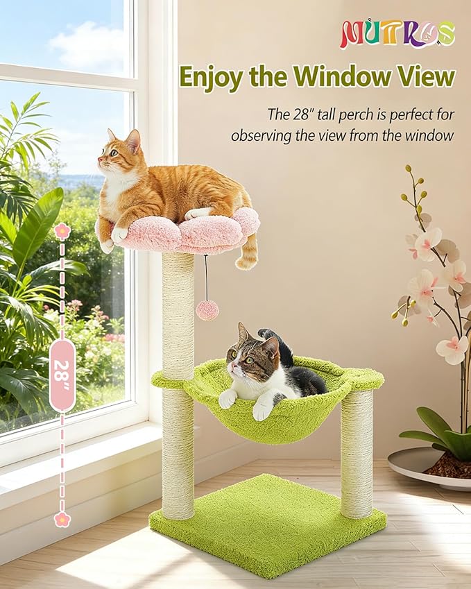 Flower Cat Tree, 28" Cat Tower with Cozy Flower Perch, Large Hammock for Indoor Small Cats, Cute Cat Tree with Sisal Scratching Post and Fur Toy Ball for Kittens, Pink | Plush flower perch, Metal frame hammock, Sisal post, Fluffy toy ball, Thickened st...