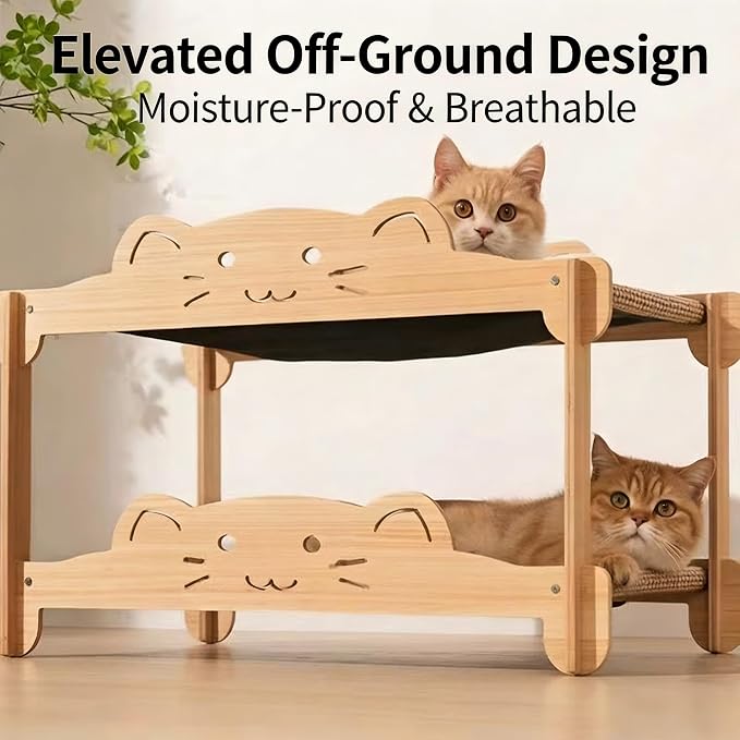 2-Tier Solid Wood Cat Scratcher Bed - Heavy Duty Cat Bunk Bed & Elevated Sisal Hammock for Indoor Cats, Sturdy Anti-Tipping Cat Furniture, Fits Large Cats up to 30+ lbs