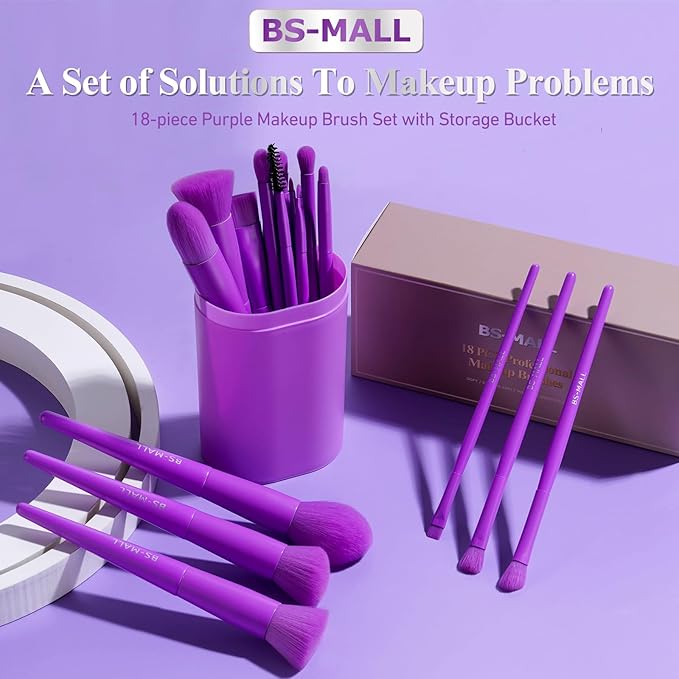 BS-MALL Makeup Brush Set 18 Pcs Premium Synthetic Foundation Powder Concealers Eye shadows Blush Makeup Brushes with Case (Purple)