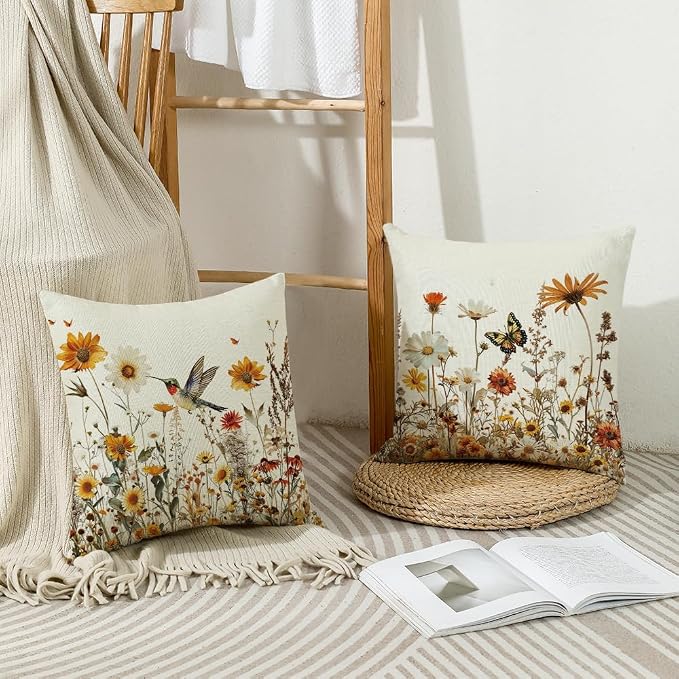 wyooxoo Spring Pillow Covers 16x16 Set of 4 Farmhouse Summer Throw Pillow Covers Floral Decorative Cushion Cases for Sofa Couch Outdoor Bedroom