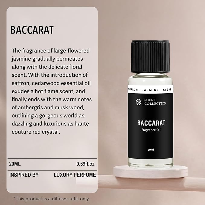 Luxury Hotel Scent Baccarat Diffuser Oil Waterless Essential Aromatherapy for Cold Air & Car Diffusers – Long Lasting Refill for Large Room & Home - Signature Saffron Cedar(20ml/0.68Fl oz)