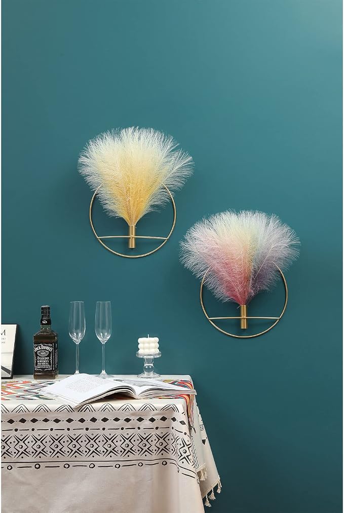 Pretty Jolly Boho Pampas Wall Decor Gold Metal Wall-Mounted Art | Morden Artificial Greenery Display，2 Pack Hanging Planter For Living Room, Bedroom, Bathroom, Dining room