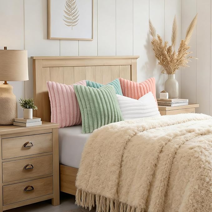 decorUhome Fall Faux Fur Throw Pillow Covers 26x26 Set of 2 Blush Pink | Decorative Soft Cozy Striped Plush Modern Farmhouse Boho Couch Pillow Cases Velvet Back for Sofa Bed Living Room Home Decor