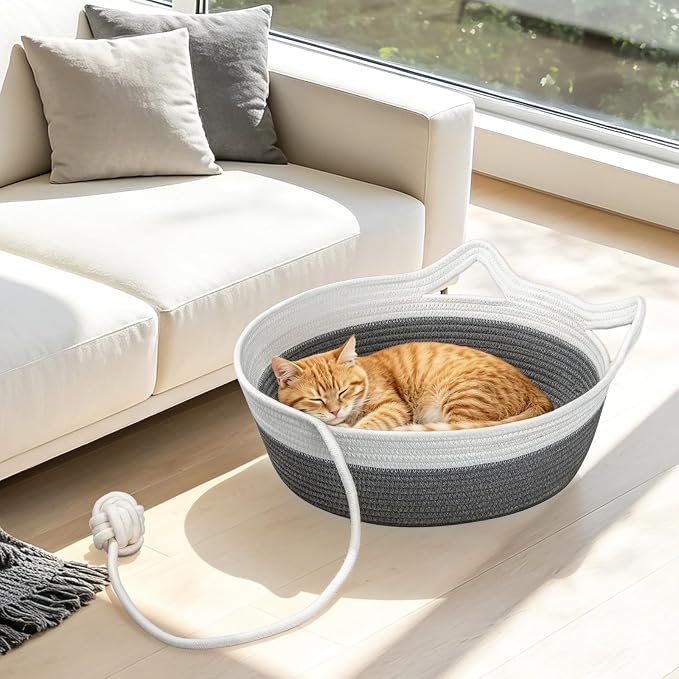 Cotton Rope Woven Cat Bed Basket, Cat Beds for Indoor Cats | Hand woven pet bed with toy tail, fits indoor cats, small puppies & rabbits, soft woven sofa sleeping basket for small pets