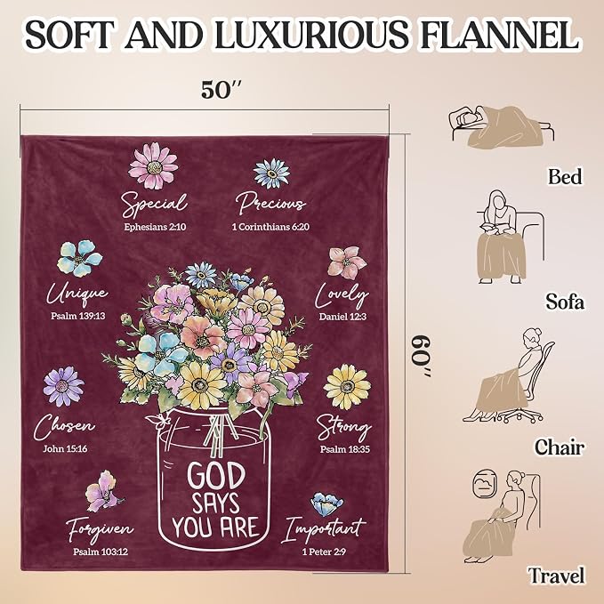 Christian Birthday Gifts for Women, Burgundy Christian Blanket with Flowers | Birthday Gifts for Women, Baptism Religious Christmas Spiritual Gifts for Grandma Mom Daughter, Wine Red Blankets 60''x 50''